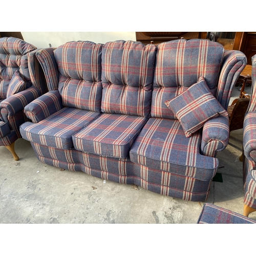 3130 - A FOUR PIECE LOUNGE SUITE IN TARTAN, THE CHAIRS BEING ON CABRIOLE LEGS