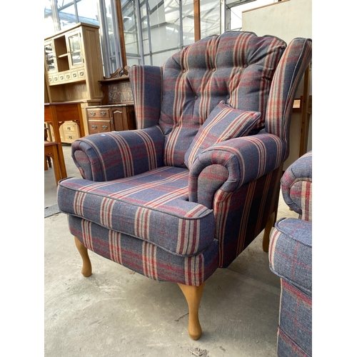 3130 - A FOUR PIECE LOUNGE SUITE IN TARTAN, THE CHAIRS BEING ON CABRIOLE LEGS