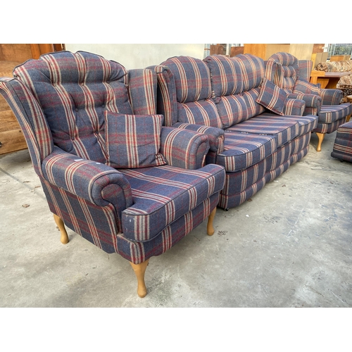 3130 - A FOUR PIECE LOUNGE SUITE IN TARTAN, THE CHAIRS BEING ON CABRIOLE LEGS