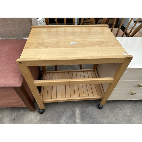 3136 - A TWO-TIER TROLLEY, PAIR OF BEDSIDE CHESTS AND AN UPHOLSTERED STOOL