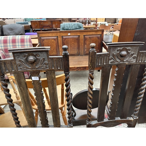 3146 - A PAIR OF OAK JACOBEAN STYLE HIGH BACK DINING CHAIRS WITH BARLEY TWIST LEGS AND UPRIGHTS