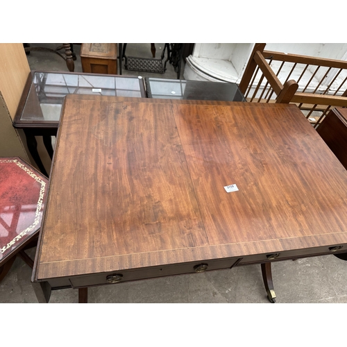 3159 - A 19TH CENTURY MAHOGANY AND CROSSBANDED SOFA TABLE WITH TWO DRAWERS AND TWO SHAM DRAWERS