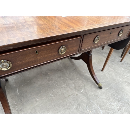 3159 - A 19TH CENTURY MAHOGANY AND CROSSBANDED SOFA TABLE WITH TWO DRAWERS AND TWO SHAM DRAWERS