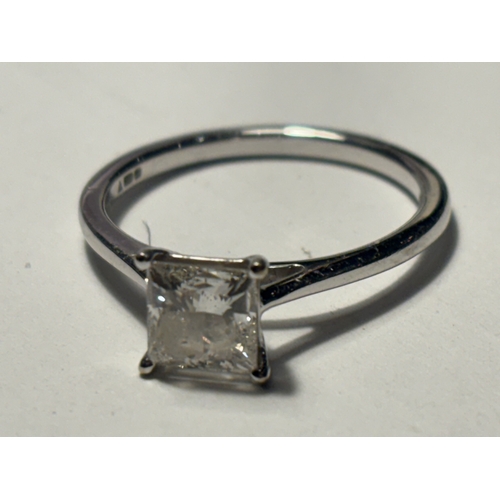 529 - A MARKED 9 CARAT WHITE GOLD RING WITH SQUARE STONE TESTING TO DIAMOND IN A PRESENTATION BOX