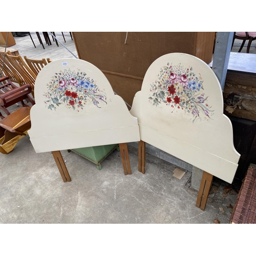 2716 - A PAIR OF DIVAN HEADBOARDS WITH HAND PAINTED FLORAL DECORATION