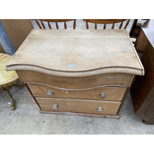 2723 - A VICTORIAN PINE SERPENTINE FRONT CHEST OF THREE DRAWERS, 33