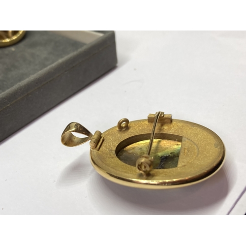 828 - A LABRADORITE PANEL BROOCH WITH MATCHING EARRINGS HAND MADE BY SUSAN VEDADI - BOTH MADE UP OF A YELL... 