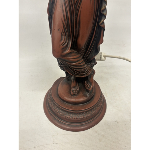 17 - A LARGE TABLE LAMP WITH THREE GLASS LIGHT SHADES AND A LADY FIGURE TO THE BASE, HEIGHT APPROX 84CM