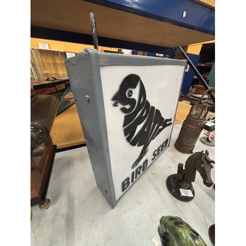 26 - A SPRATTS BIRD SEED ILLUMINATED SIGN, HEIGHT 43CM, WIDTH 42CM