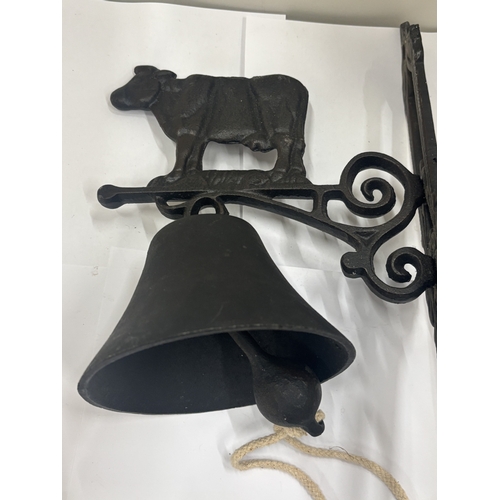 27 - A CAST COW THEMED WALL HANGING BELL, HEIGHT 36CM