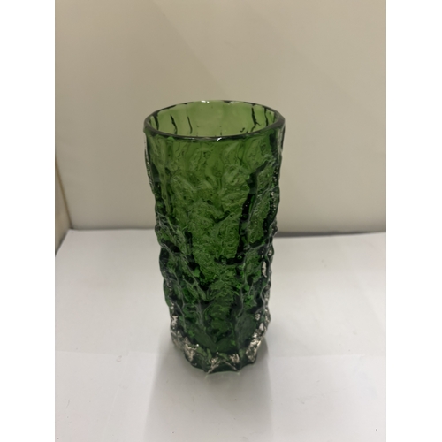 37 - A 1960'S WHITEFRIARS GREEN BARK EFFECT VASE BY GEOFFREY BAXTER, HEIGHT 19CM
