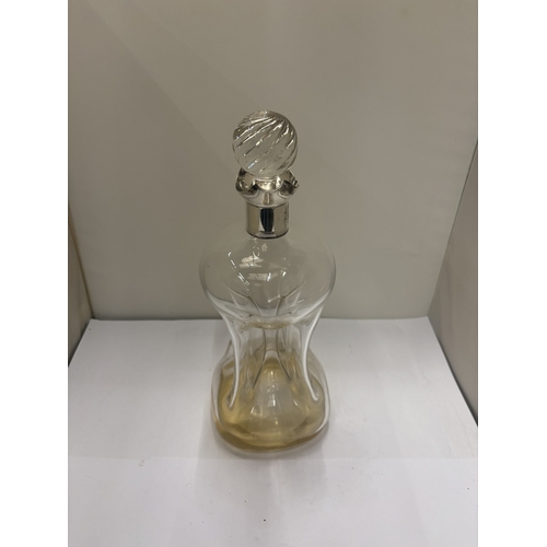 43 - A VICTORIAN HALLMARKED LONDON, SILVER COLLARED 'GLUG' DECANTER, HEIGHT 28CM