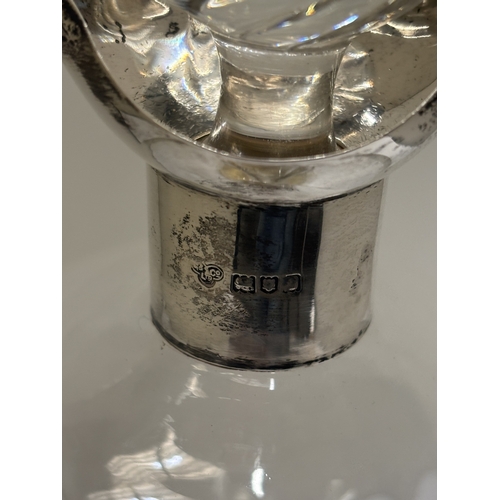 43 - A VICTORIAN HALLMARKED LONDON, SILVER COLLARED 'GLUG' DECANTER, HEIGHT 28CM