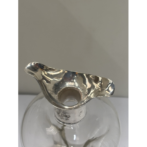 43 - A VICTORIAN HALLMARKED LONDON, SILVER COLLARED 'GLUG' DECANTER, HEIGHT 28CM