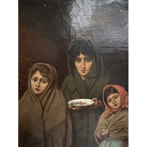 48 - AN ATTRIBUTED TO AUGUSTUS MULREADY LATE 19TH CENTURY OIL ON CANVAS OF A DESTITUTE MOTHER AND CHILDRE... 