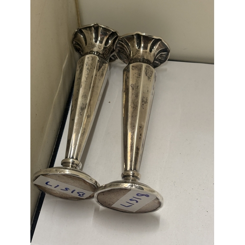 49 - A PAIR OF HALLMARKED CHESTER SILVER VASES WITH FLUTED RIMS AND WEIGHTED BASE, GROSS WEIGHT 150.31G