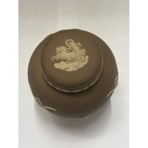 50A - A RARE BROWN COLOUR WEDGWOOD JASPERWARE GINGER JAR, HEIGHT 10CM