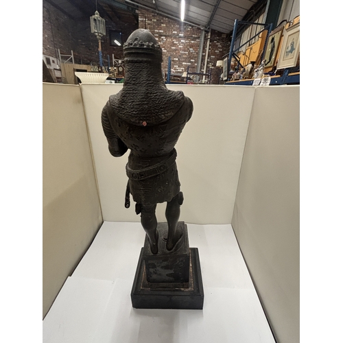 52 - A SPELTER FIGURE OF A MEDIEVAL KNIGHT, ON A PLINTH, HEIGHT 44CM