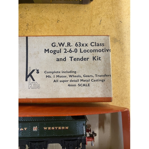321 - A VINTAGE K'S KITS, G. W. R. 63xx CLASS MOGUL 2-6-0 LOCOMOTIVE AND TENDER, 4mm SCALE, IN ORIGINAL BO... 