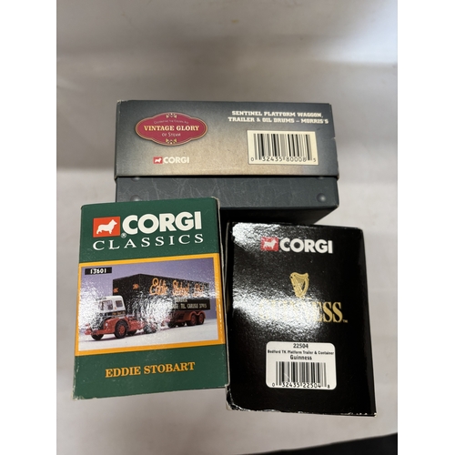 323 - THREE NEW AND BOXED CORGI WAGONS TO INCLUDE SENTINEL PLATFORM WAGGON, EDDIE STOBART FODEN S21 'MICKE... 