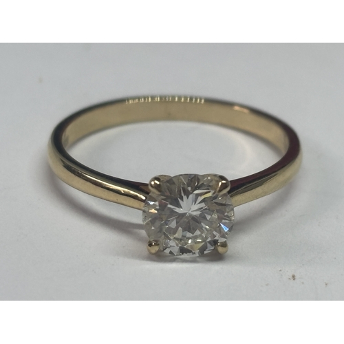 615 - A MARKED 14 CARAT GOLD RING WITH A 1 CARAT SOLITAIRE DIAMOND SIZE O IN A PRESENTATION BOX WITH GIA C... 