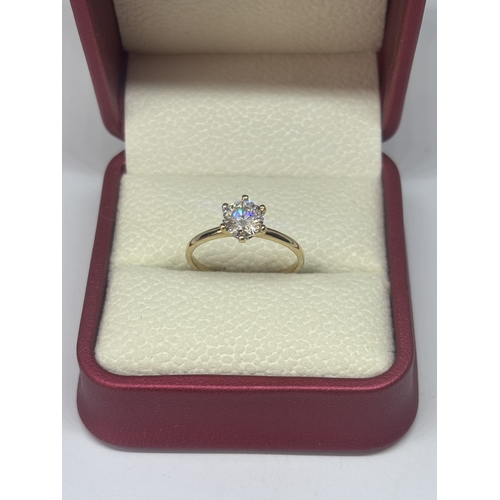 616 - A MARKED 14 CARAT GOLD RING WITH A 1 CARAT SOLITAIRE DIAMOND SIZE O/P IN A PRESENTATION BOX WITH GIA... 