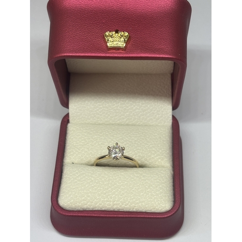 616 - A MARKED 14 CARAT GOLD RING WITH A 1 CARAT SOLITAIRE DIAMOND SIZE O/P IN A PRESENTATION BOX WITH GIA... 