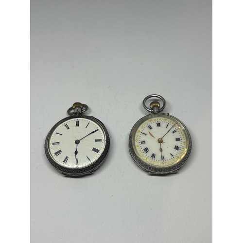 332 - TWO MARKED SILVER LADIES POCKET WATCHES ONE MARKED 925 WITH DECORATIVE WHITE ENAMEL FACE AND ROMAN N... 