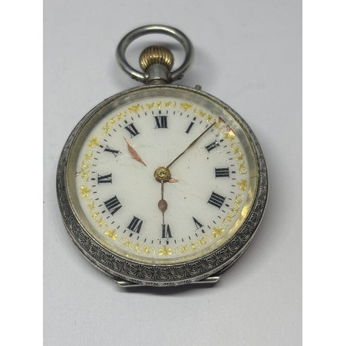 332 - TWO MARKED SILVER LADIES POCKET WATCHES ONE MARKED 925 WITH DECORATIVE WHITE ENAMEL FACE AND ROMAN N... 