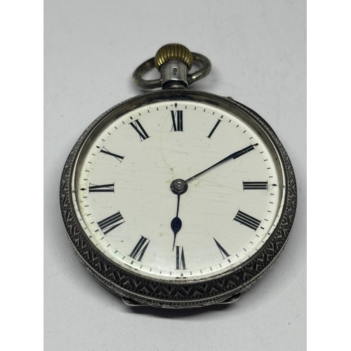 332 - TWO MARKED SILVER LADIES POCKET WATCHES ONE MARKED 925 WITH DECORATIVE WHITE ENAMEL FACE AND ROMAN N... 