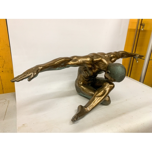 1 - A LARGE BRONZE COLOURED RESIN SCULPTURE OF A NUDE MALE WITH ARMS OUTSTRETCHED IN A YOGA POSE - 135 C... 