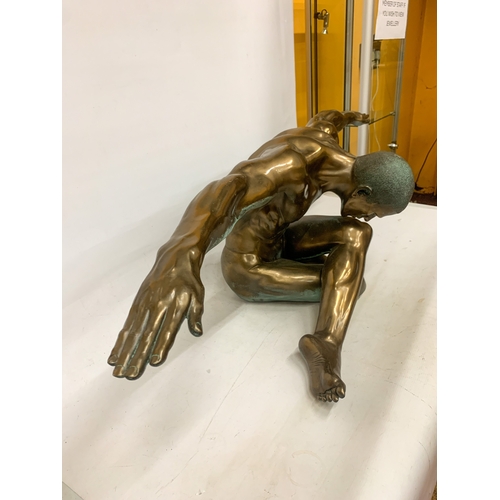 1 - A LARGE BRONZE COLOURED RESIN SCULPTURE OF A NUDE MALE WITH ARMS OUTSTRETCHED IN A YOGA POSE - 135 C... 