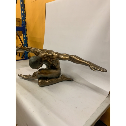 1 - A LARGE BRONZE COLOURED RESIN SCULPTURE OF A NUDE MALE WITH ARMS OUTSTRETCHED IN A YOGA POSE - 135 C... 