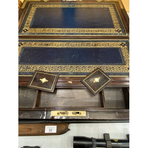 19 - AN ANTIQUE C1850 J BRAMAH WRITING SLOPE WITH BRASS-BOUND INLAY AND CORNERS WITH INTERIOR COMPARTMENT... 