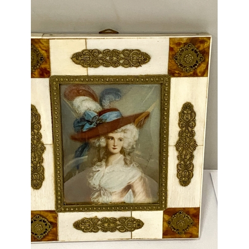 3 - A MINIATURE OIL PORTRAIT OF MRS HALLETT AFTER THOMAS GAINSBOROUGH IN A FILIGREE FRAME - 14 X 12 CM