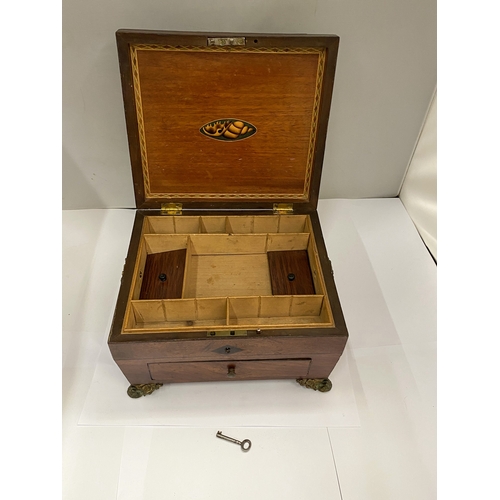 30 - A MAHOGANY EBONY STRUNG WORKBOX WITH DRAWER, ROCOCCO STYLE FEET, SIDE HANDLES AND INTERNAL SHELL INL... 