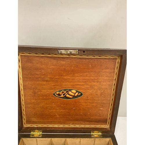 30 - A MAHOGANY EBONY STRUNG WORKBOX WITH DRAWER, ROCOCCO STYLE FEET, SIDE HANDLES AND INTERNAL SHELL INL... 