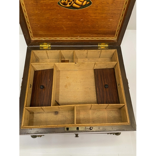 30 - A MAHOGANY EBONY STRUNG WORKBOX WITH DRAWER, ROCOCCO STYLE FEET, SIDE HANDLES AND INTERNAL SHELL INL... 