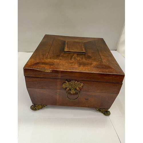 30 - A MAHOGANY EBONY STRUNG WORKBOX WITH DRAWER, ROCOCCO STYLE FEET, SIDE HANDLES AND INTERNAL SHELL INL... 