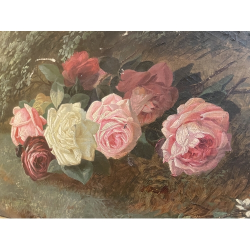 39 - A SIGNED OIL ON CANVAS OF ROSES BY CHARLES FERDINAND HURTEN IN A GILT FRAME