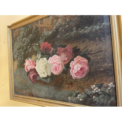 39 - A SIGNED OIL ON CANVAS OF ROSES BY CHARLES FERDINAND HURTEN IN A GILT FRAME
