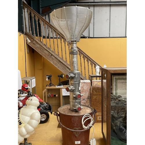 41 - A LARGE LAMP MADE UP OF VINTAGE FIRE BUCKETS AND HOSE BRANCHES