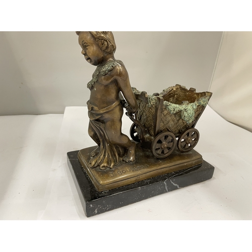 54 - A JACQUES BOUSSEAU BRONZED BOY PULLING A CART