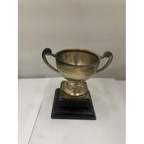 50 - A HALLMARKED SILVER BIRMINGHAM TWIN HANDLED ENGRAVED TROPHY ON BASE - WEIGHT 200G