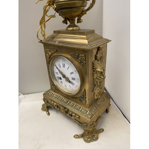 19 - A VINTAGE FRENCH ORNATE GILT CHIMING CLOCK, HEIGHT APPROX 44CM
