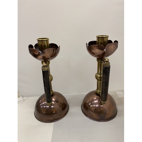 2 - A PAIR OF ARTS & CRAFTS STYLE COPPER AND BRASS CHAMBERSTICKS IN THE MANNER OF CHRISTOPHER DRSSER - 2... 