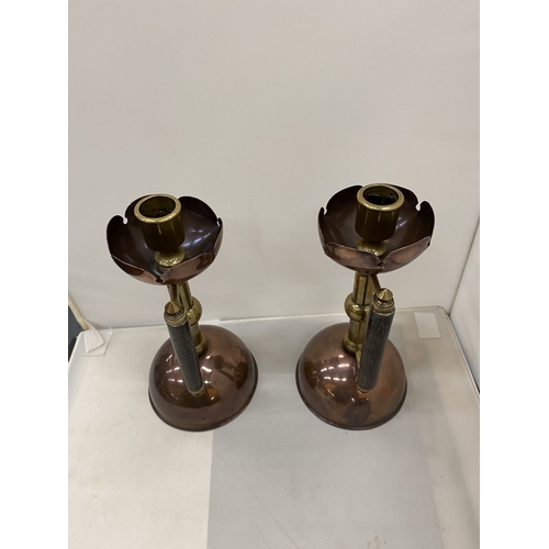 2 - A PAIR OF ARTS & CRAFTS STYLE COPPER AND BRASS CHAMBERSTICKS IN THE MANNER OF CHRISTOPHER DRSSER - 2... 