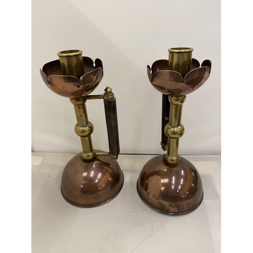 2 - A PAIR OF ARTS & CRAFTS STYLE COPPER AND BRASS CHAMBERSTICKS IN THE MANNER OF CHRISTOPHER DRSSER - 2... 