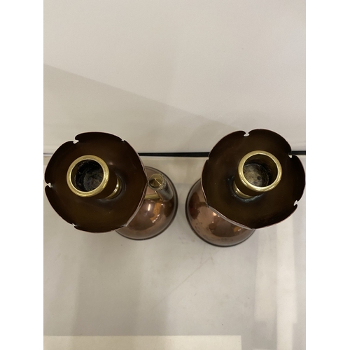 2 - A PAIR OF ARTS & CRAFTS STYLE COPPER AND BRASS CHAMBERSTICKS IN THE MANNER OF CHRISTOPHER DRSSER - 2... 