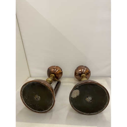 2 - A PAIR OF ARTS & CRAFTS STYLE COPPER AND BRASS CHAMBERSTICKS IN THE MANNER OF CHRISTOPHER DRSSER - 2... 